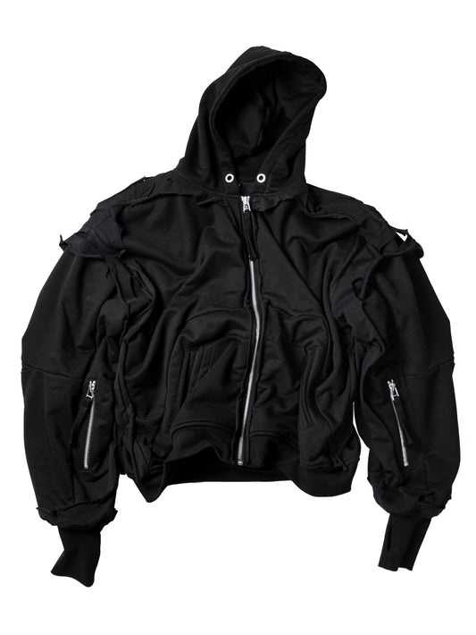 CUT OUT DOUBLE LAYERED ZIP-HOODIE